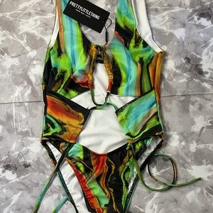 PrettyLittleThing, Green Multi Tie Dye, One Piece Swimsuit, BRAND NEW